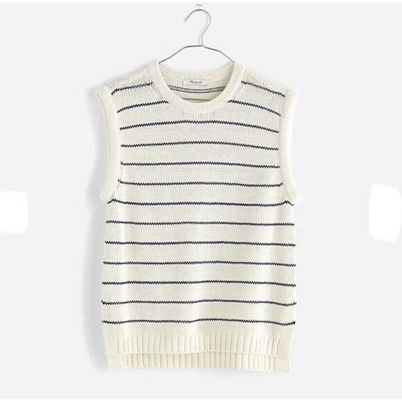 Madewell Knit Sweater Vest Sz XXS Stripe Cotton Linen Antique Cream NWT - Picture 1 of 8